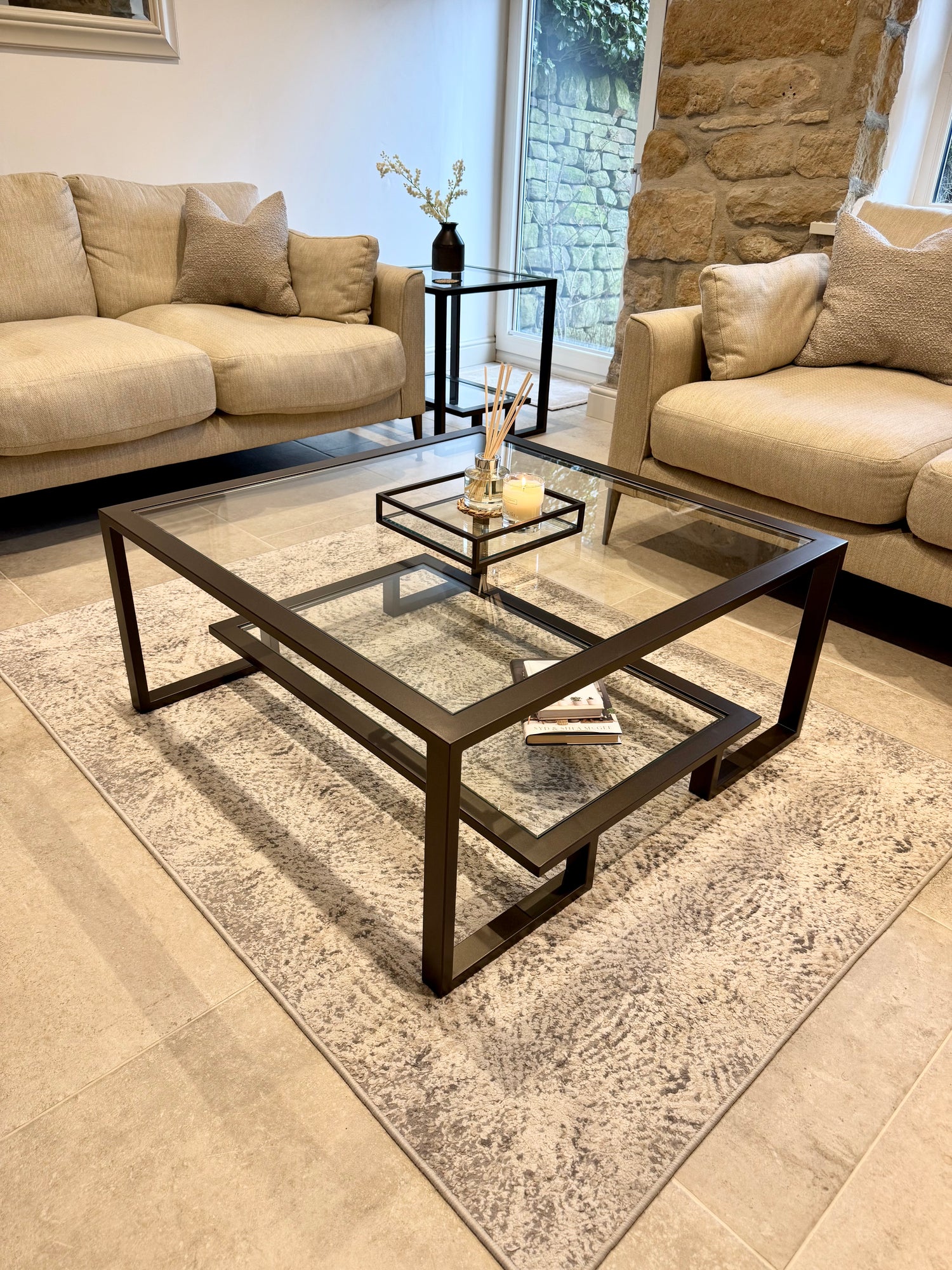 Kinsley Glass Metal Coffee Table - Dark Bronze