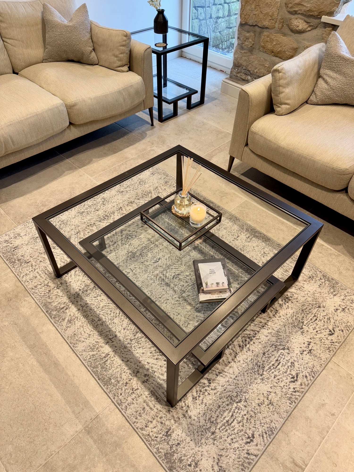 Kinsley Glass Metal Coffee Table - Dark Bronze