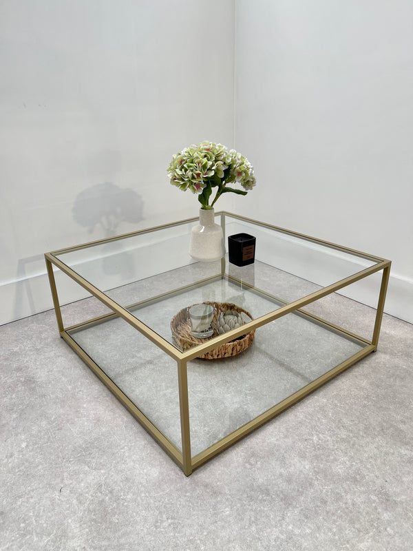 Mila Square Glass Metal Coffee Table With Shelf