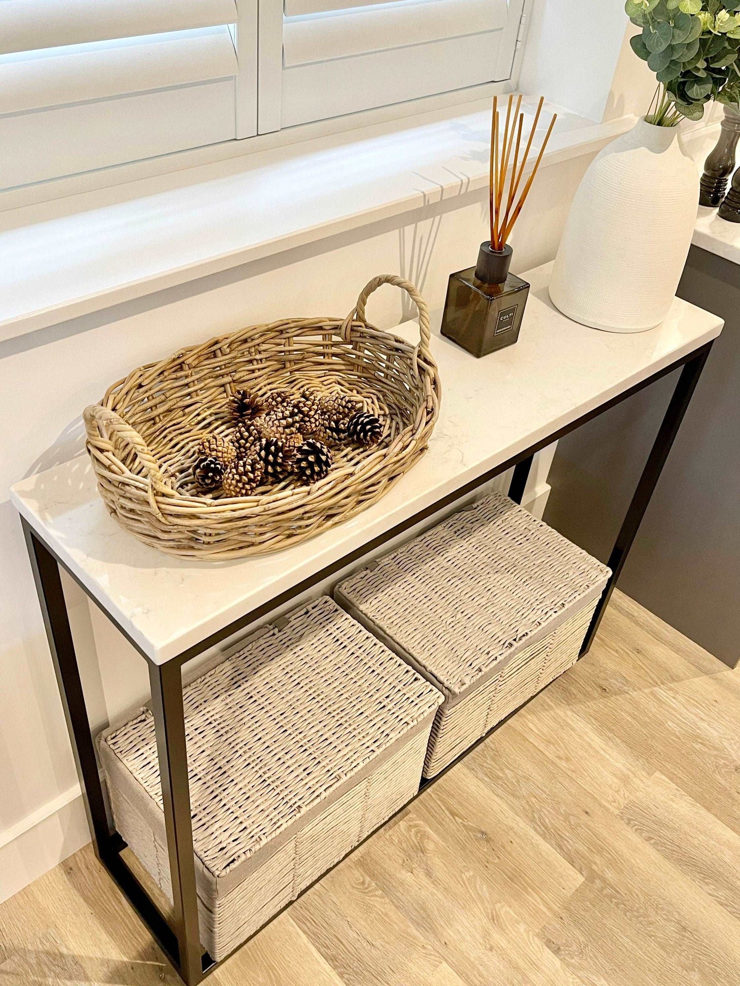 Marble Console Side End Table - White Quartz Matte Black Frame