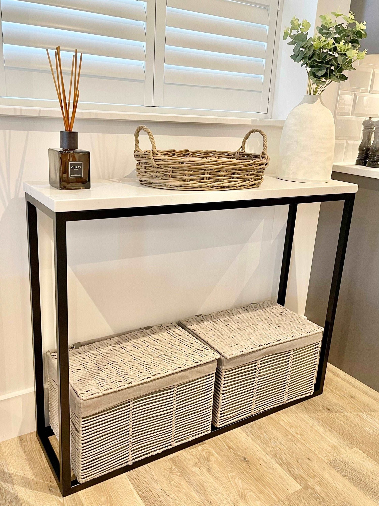 Marble Console Side End Table - White Quartz Matte Black Frame