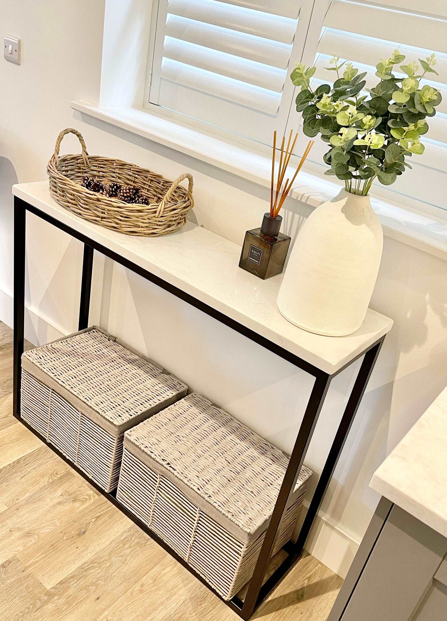 Marble Console Side End Table - White Quartz Matte Black Frame