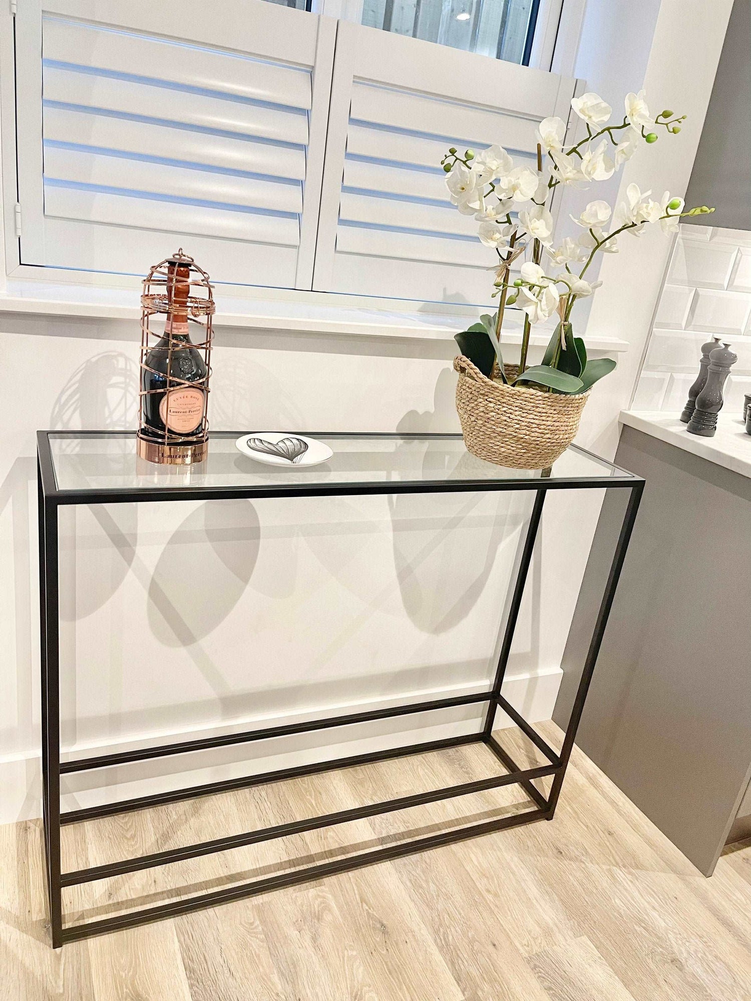 Glass Console Side End Table - Matte Black Minimalist Frame