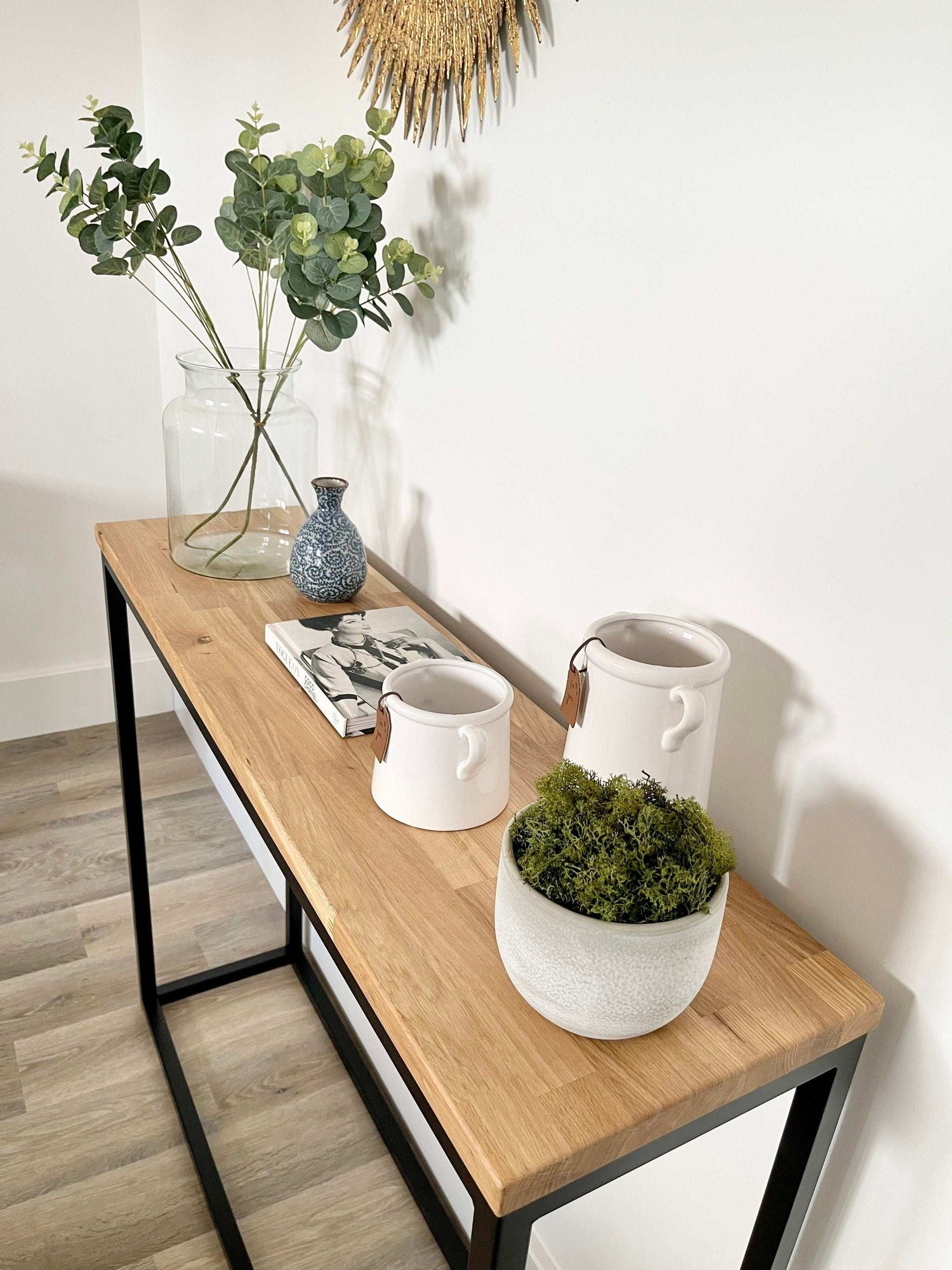Oak Console Table Matte Black Steel Frame