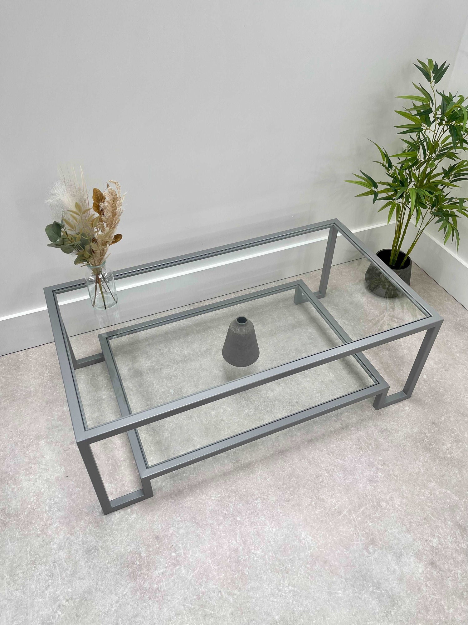 Glass Metal Coffee Table Silver Grey