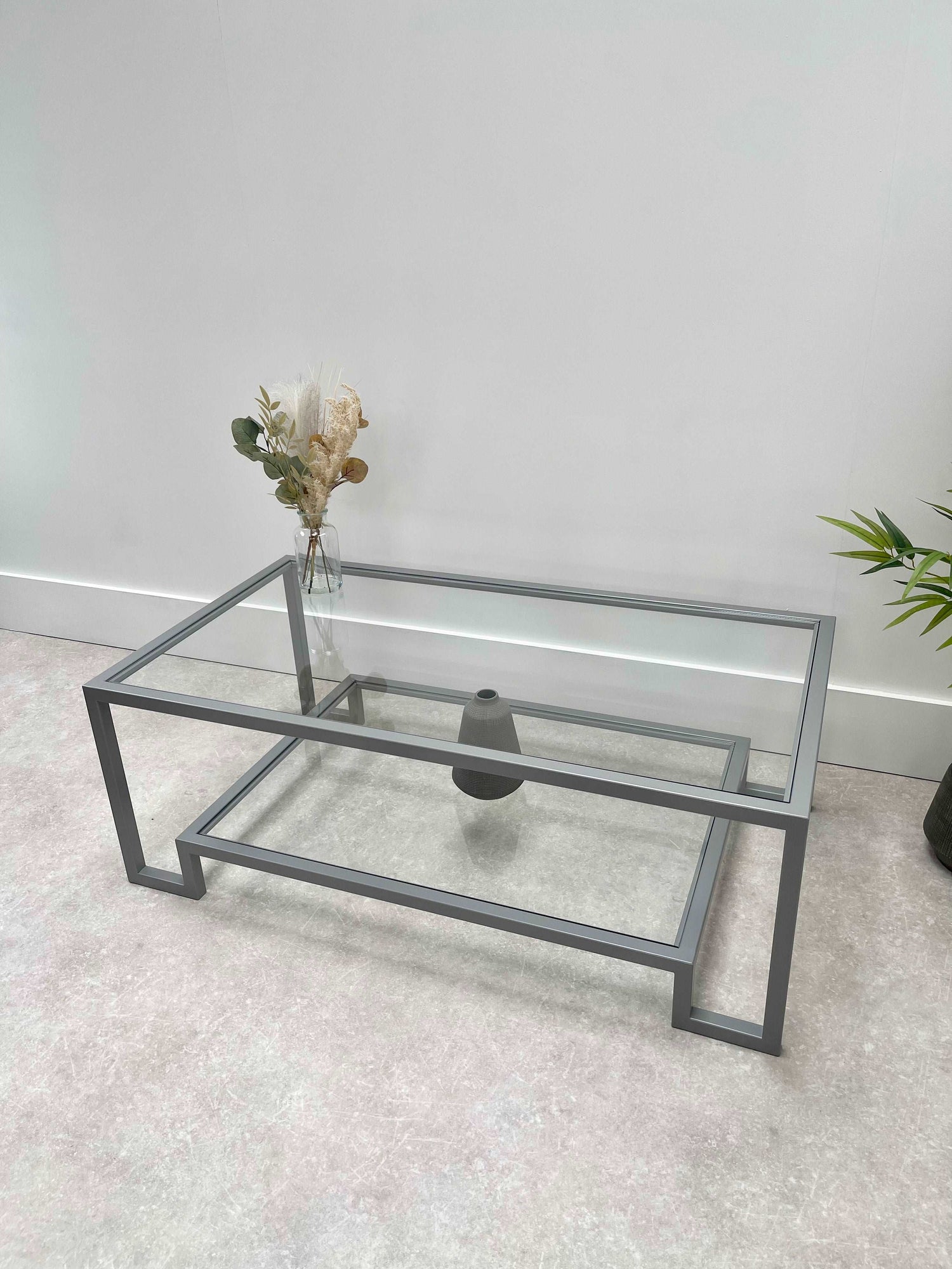 Glass Metal Coffee Table Silver Grey