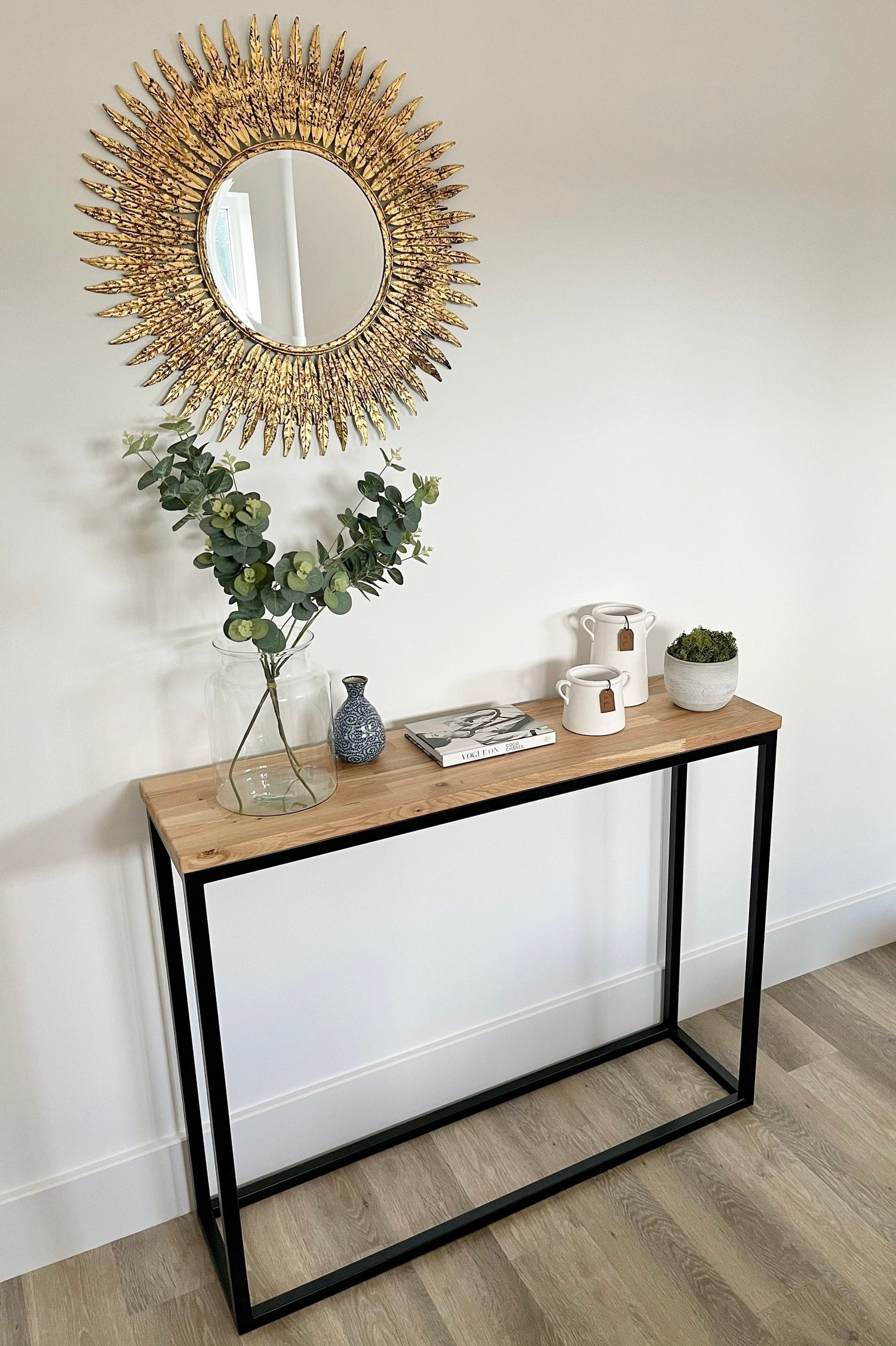 Oak Console Table Matte Black Steel Frame