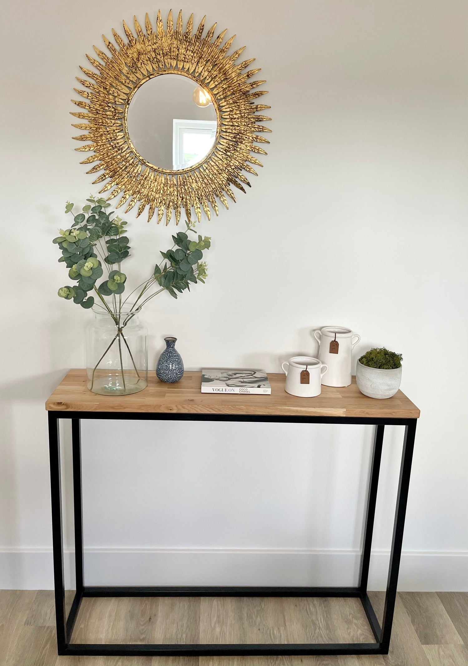 Oak Console Table Matte Black Steel Frame