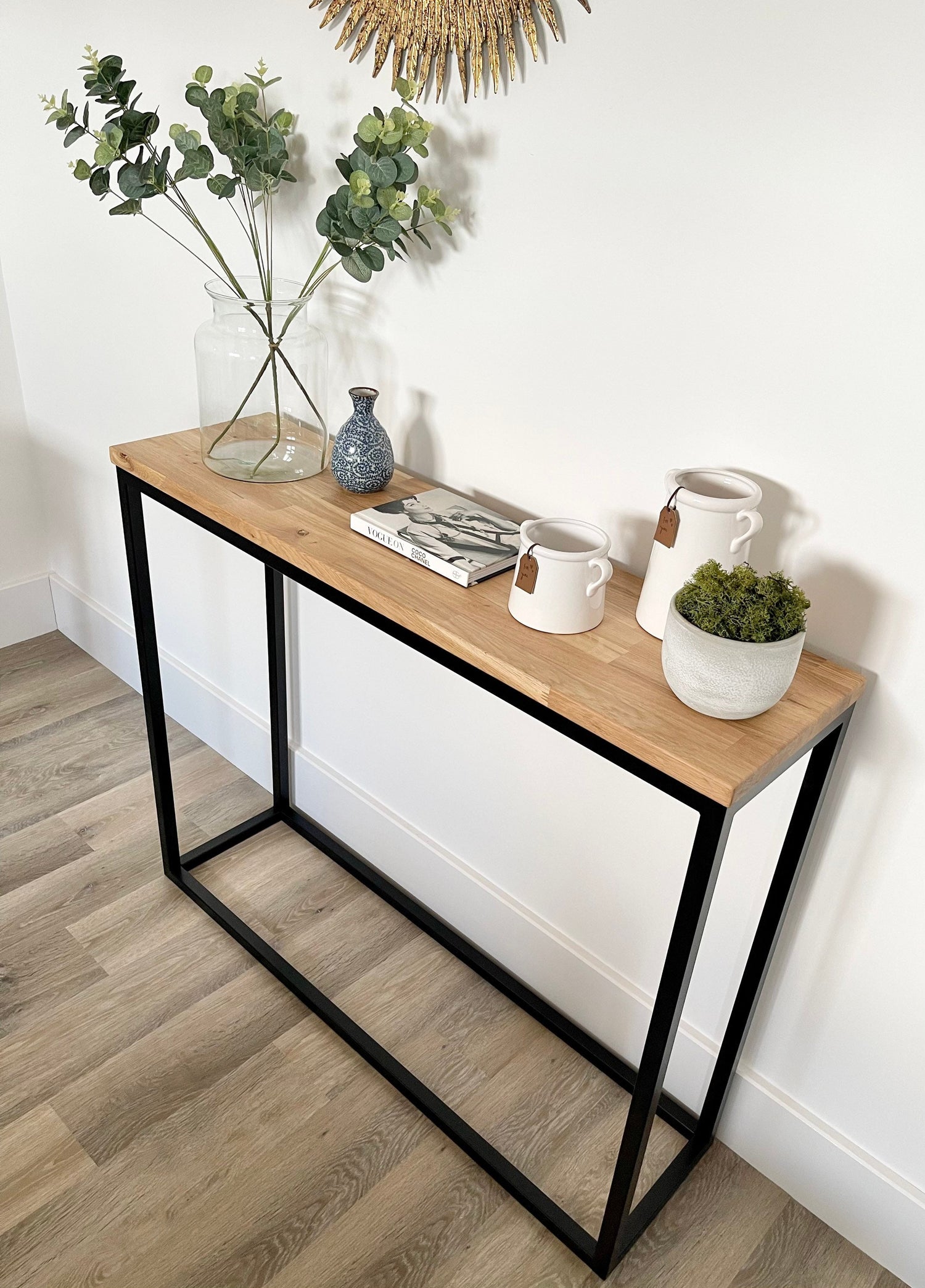 Oak Console Table Matte Black Steel Frame