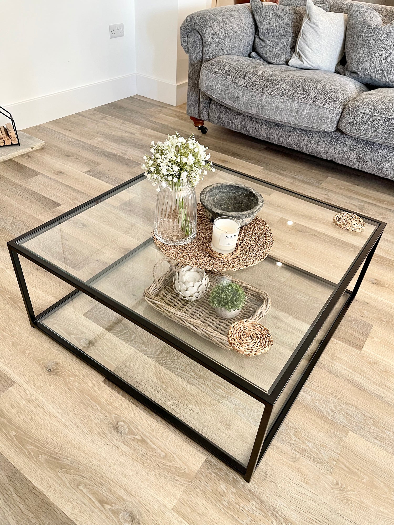 Mila Square Metal Glass Coffee Table With Shelf - Black